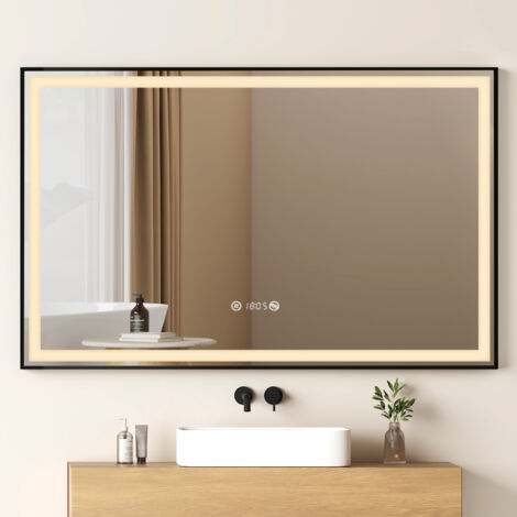 EMKE LED Badezimmerspiegel mit Ablage 120x70cm Schwarzer Rand Badspiegel Uhr Temperatur Dimmbar Memory-Funktion Neutrale Beleuchtung