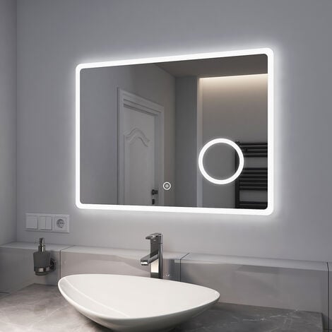 EMKE Badspiegel mit Beleuchtung, Wandspiegel 90x70 cm mit Touch, 3-fach Lupe, Kaltweiß (Modell M)