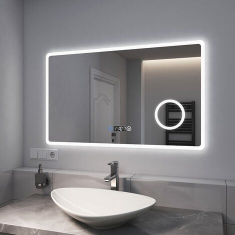EMKE Badspiegel mit Beleuchtung, Wandspiegel 100x60 cm mit Touch, Uhr, 3-fach Lupe, 3 Lichtfarbe (Modell M) - 100x60cm | Touch+Uhr+Lupe+Dimmbar