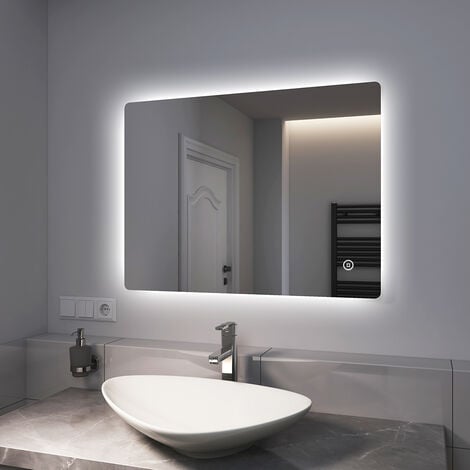 EMKE LED Badspiegel 80x60cm Badezimmerspiegel mit Kaltweißer Beleuchtung und Touch-schalter Energie sparen