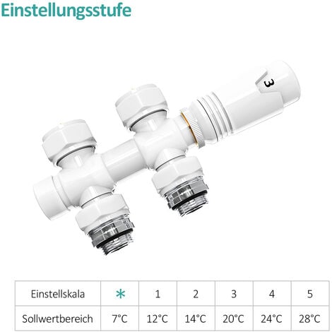 EMKE Anschlussarmatur Ventil mit Thermostat für Heizkörper und Handtuchtrockner Hahnblock Heizungszubehör Eck- und Durchgangsform φ16xG1/2" Weiß