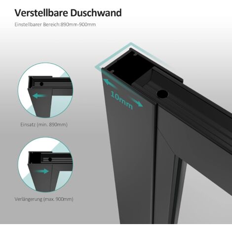 EMKE Duschwand Walk In Dusche Duschtrennwand für Badewanne mit 8mm Nano-Beschichtung ESG Klares Sicherheitsglas mit Schwarzer Rahmen, 120cm Stabilisator, 90x200cm