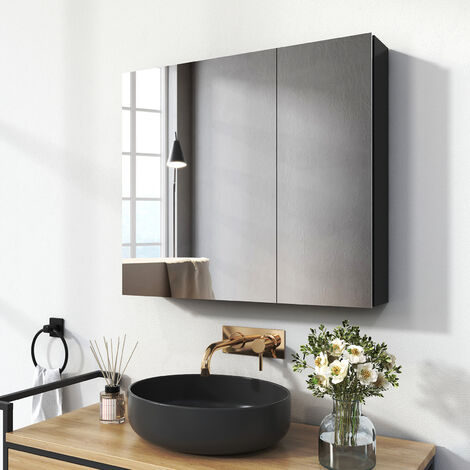 EMKE Spiegelschränke 75x65cm Spiegelschrank Badschrank mit Doppelseitiger Spiegel (Schwarz)