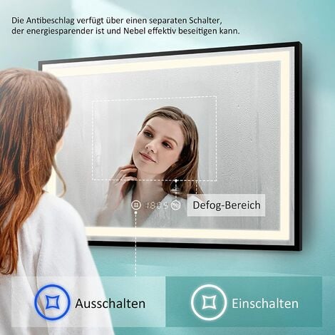 EMKE Badspiegel mit Beleuchtung 100x70cm Badspiegel Schwarzer Rand LED Badezimmerspiegel mit Touch, Antibeschlage, Uhr, Temperatur, Dimmbar, Memory-Funktion, Neutrale Beleuchtung Wandspiegel IP44