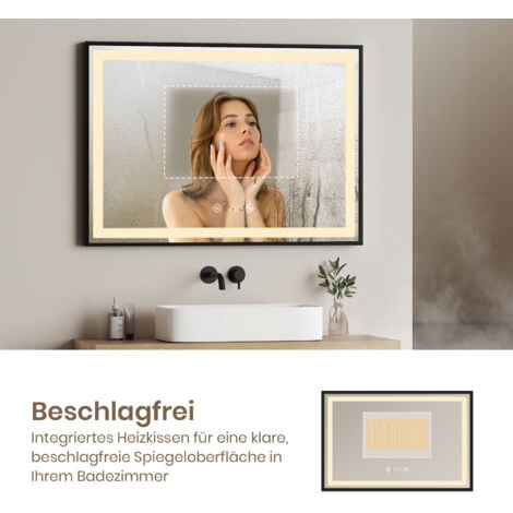 EMKE Badspiegel mit Beleuchtung 120x70cm Badspiegel Schwarzer Rand LED Badezimmerspiegel mit Touch, Antibeschlage, Uhr, Temperatur, Dimmbar, Memory-Funktion, Neutrale Beleuchtung Wandspiegel IP44