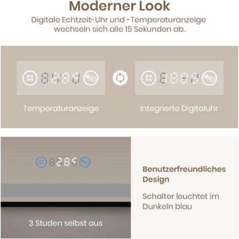EMKE Badspiegel mit Beleuchtung 120x70cm Badspiegel Schwarzer Rand LED Badezimmerspiegel mit Touch, Antibeschlage, Uhr, Temperatur, Dimmbar, Memory-Funktion, Neutrale Beleuchtung Wandspiegel IP44