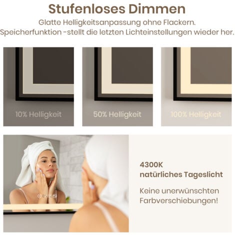 EMKE Badspiegel mit Beleuchtung 120x70cm Badspiegel Schwarzer Rand LED Badezimmerspiegel mit Touch, Antibeschlage, Uhr, Temperatur, Dimmbar, Memory-Funktion, Neutrale Beleuchtung Wandspiegel IP44