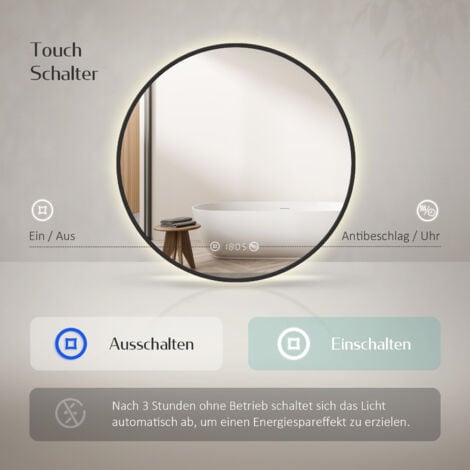 EMKE LED Badspiegel Rund Spiegel mit Beleuchtung ф60cm Badspiegel Schwarzer Rand Badezimmerspiegel mit Touch, Antibeschlage, Uhr, Temperatur, Dimmbar, Memory-Funktion Neutrale Beleuchtung Wandspiegel