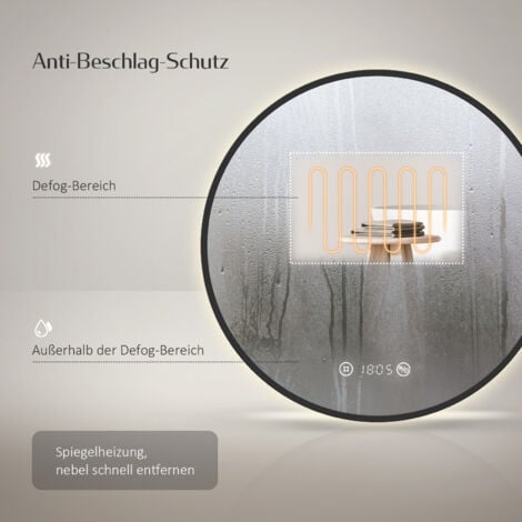 EMKE LED Badspiegel Rund Spiegel mit Beleuchtung ф60cm Badspiegel Schwarzer Rand Badezimmerspiegel mit Touch, Antibeschlage, Uhr, Temperatur, Dimmbar, Memory-Funktion Neutrale Beleuchtung Wandspiegel