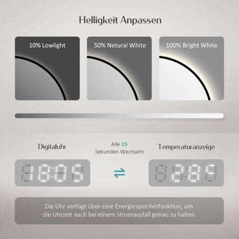 EMKE LED Badspiegel Rund Spiegel mit Beleuchtung ф60cm Badspiegel Schwarzer Rand Badezimmerspiegel mit Touch, Antibeschlage, Uhr, Temperatur, Dimmbar, Memory-Funktion Neutrale Beleuchtung Wandspiegel
