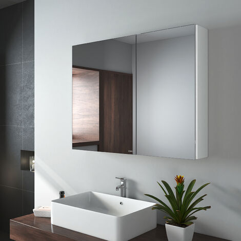 EMKE Spiegelschrank mit Spiegel unsichtbarer Griff Wandspiegel mit Badschrankmit höhenverstellbarem badezimmerschrank Laminat (Weiß, 85x65cm)