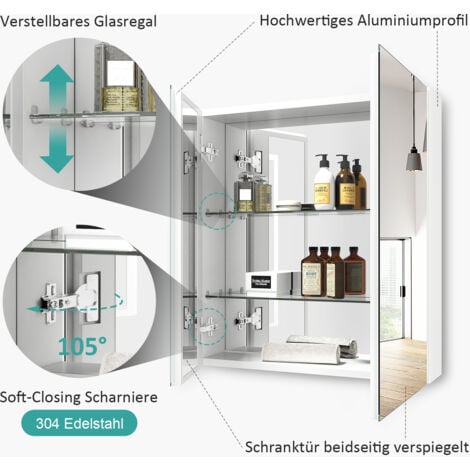 EMKE Spiegelschrank mit Spiegel unsichtbarer Griff Wandspiegel mit Badschrankmit höhenverstellbarem badezimmerschrank Laminat (Weiß, 60x65cm)