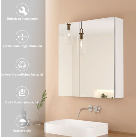 EMKE Spiegelschrank mit Spiegel unsichtbarer Griff Wandspiegel mit Badschrankmit höhenverstellbarem badezimmerschrank Laminat (Weiß, 60x65cm)