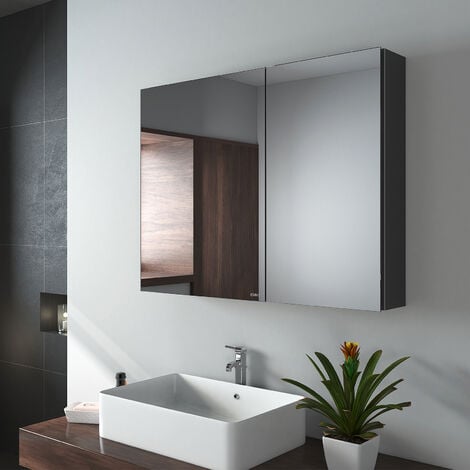 EMKE Spiegelschrank mit Spiegel unsichtbarer Griff Wandspiegel mit Badschrankmit höhenverstellbarem badezimmerschrank Laminat (Schwarz, 85x65cm)