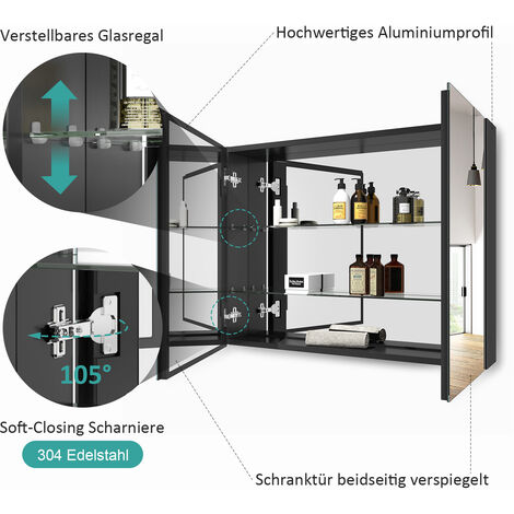 EMKE Spiegelschrank mit Spiegel unsichtbarer Griff Wandspiegel mit Badschrankmit höhenverstellbarem badezimmerschrank Laminat (Schwarz, 85x65cm)