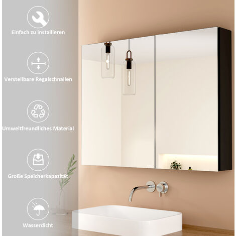 EMKE Spiegelschrank mit Spiegel unsichtbarer Griff Wandspiegel mit Badschrankmit höhenverstellbarem badezimmerschrank Laminat (Schwarz, 85x65cm)