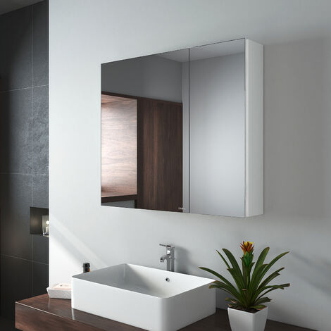 EMKE Spiegelschrank mit Spiegel unsichtbarer Griff Wandspiegel mit Badschrankmit höhenverstellbarem badezimmerschrank Laminat (Weiß, 75x65cm)