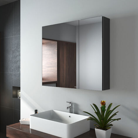 EMKE Spiegelschrank mit Spiegel unsichtbarer Griff Wandspiegel mit Badschrankmit höhenverstellbarem badezimmerschrank Laminat (Schwarz, 75x65cm)