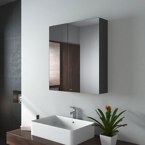 EMKE Spiegelschrank mit Spiegel unsichtbarer Griff Wandspiegel mit Badschrankmit höhenverstellbarem badezimmerschrank Laminat (Schwarz, 60x65cm)