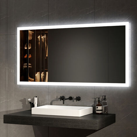 EMKE Badspiegel mit Beleuchtung LED Badezimmerspiegel 120x60cm (Warmweißes/Kaltweißes Licht, Knopfschalter, Beschlagfrei)