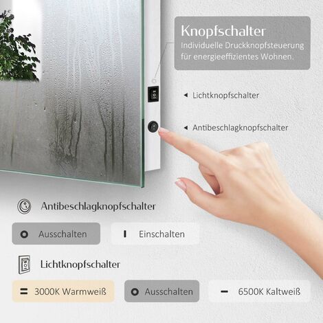EMKE Badspiegel mit Beleuchtung LED Badezimmerspiegel 120x60cm (Warmweißes/Kaltweißes Licht, Knopfschalter, Beschlagfrei)