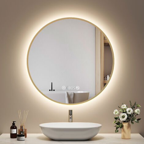 EMKE Badezimmerspiegel Rund 70cm Gold mit LED Beleuchtung, Beschlagfrei, Uhr & Temperaturanzeige, Neutrales Licht, Dimmbar mit Memory-Funktion