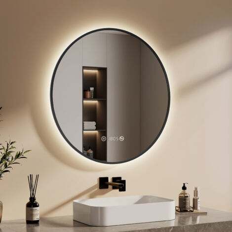 EMKE Badezimmerspiegel Rund 80cm Schwarzer mit LED Beleuchtung, Beschlagfrei, Uhr & Temperaturanzeige, Neutrales Licht, Dimmbar mit Memory-Funktion