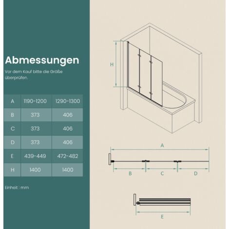 EMKE Duschwand für Badewanne Mattschwarzer Badewannenfaltwand 3-teilig Faltbar 130x140cm Badewannen-Duschwand 6mm NANO-GLAS