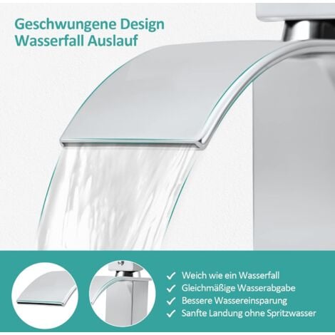 EMKE Waschtischarmatur Wasserfall, Waschbecken Wasserhahn für Badezimmer, Badarmatur aus Edelstahl, Einhebelmischer für Waschbecken mit Auslauf Höhe 117 mm, Chrom