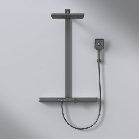 EMKE Duschsystem Design Duschset mit Theramostat 38°C Regendusche,Wasserfall-Auslauf, 3 Strahlarten Handbrause, Große Ablage, KTW Zertifizieren, Mattschwarz