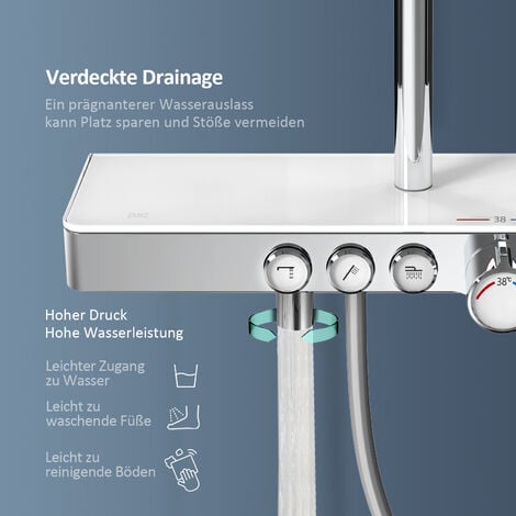 EMKE Duschsystem mit Thermostat Glasablage Handbrause mit 3 Strahlarten Regendusche, Wasserauslass Verbrühungsschutz Wandmontage KTW-Zertifizierung, Chrom