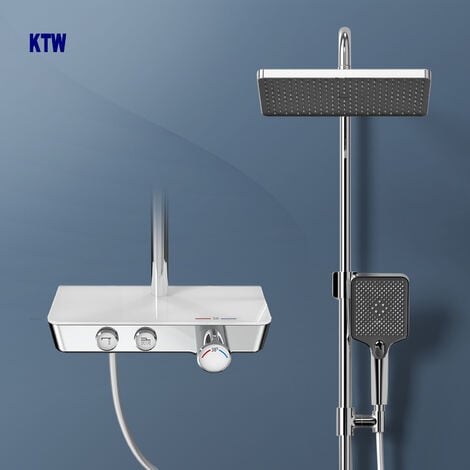 EMKE Duschsystem mit Thermostat, Handbrause mit 3 Strahlstärken, Wasserfall-Auslauf, Duschsäuleset Duschgarnitur mit glasablage, KTW Zertifizieren, Chrom