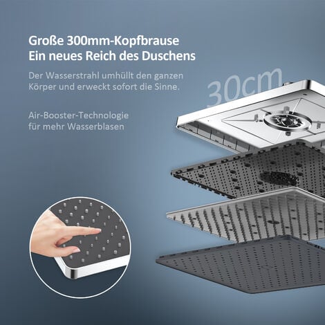 EMKE Duschsystem mit Thermostat, Handbrause mit 3 Strahlstärken, Wasserfall-Auslauf, Duschsäuleset Duschgarnitur mit glasablage, KTW Zertifizieren, Chrom
