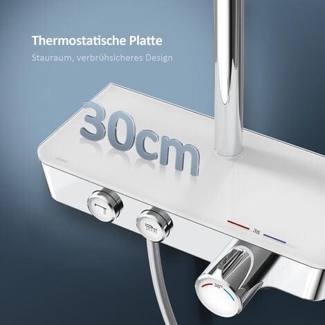 EMKE Duschsystem mit Thermostat, Handbrause mit 3 Strahlstärken, Wasserfall-Auslauf, Duschsäuleset Duschgarnitur mit glasablage, KTW Zertifizieren, Chrom