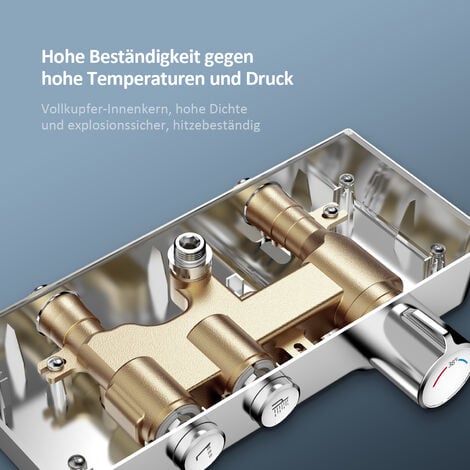 EMKE Duschsystem mit Thermostat, Handbrause mit 3 Strahlstärken, Wasserfall-Auslauf, Duschsäuleset Duschgarnitur mit glasablage, KTW Zertifizieren, Chrom
