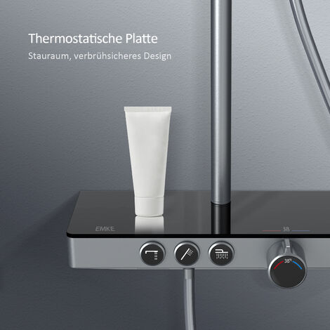 EMKE Duschsystem mit Thermostat Glasablage Handbrause 3 Strahlarten Regendusche, Wasserauslass Verbrühungsschutz Wandmontage KTW-Zertifizierung, Anthrazit Matt