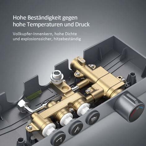 EMKE Duschsystem mit Thermostat Glasablage Handbrause 3 Strahlarten Regendusche, Wasserauslass Verbrühungsschutz Wandmontage KTW-Zertifizierung, Anthrazit Matt