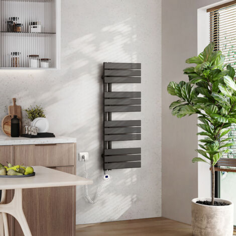 EMKE Elektrischer Badheizkörper mit WiFi 104 x 40 cm Anthrazit 400 W Handtuchheizkörper, Smart Home, Flachrohr 24/7 Timer & Alexa kompatibel