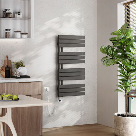 EMKE Elektrischer Badheizkörper mit WiFi 104 x 50 cm Anthrazit 600 W Handtuchheizkörper, Smart Home, Flachrohr 24/7 Timer & Alexa kompatibel