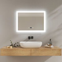 EMKE LED Badspiegel 50x70cm Badezimmerspiegel mit Warmweiß/Kaltweiß/Natürliches Licht Beleuchtung Touch-schalter Beschlagfrei und Uhr - 50x70cm | 3 Arten von dimmbar + Touch + Beschlagfrei + Uhr