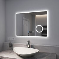 EMKE Badspiegel mit Beleuchtung, Wandspiegel 80x60 cm mit Touch, Uhr, 3-fach Lupe, 3 Lichtfarbe (Modell M) - 80x60cm | Touch+Uhr+Lupe+Dimmbar