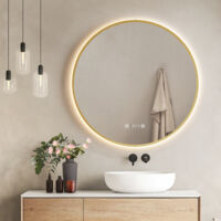 EMKE Runder LED Badspiegel 80cm Goldrahmen mit Antibeschlag, Neutrales Licht, Uhr & Temperaturanzeige, Dimmbar mit Memory-Funktion
