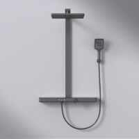 EMKE Duschsystem Design Duschset mit Theramostat 38°C Regendusche,Wasserfall-Auslauf, 3 Strahlarten Handbrause, Große Ablage, KTW Zertifizieren, Mattschwarz