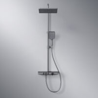 EMKE Duschsystem mit Thermostat Glasablage Handbrause 3 Strahlarten Regendusche, Wasserauslass Verbrühungsschutz Wandmontage KTW-Zertifizierung, Anthrazit Matt