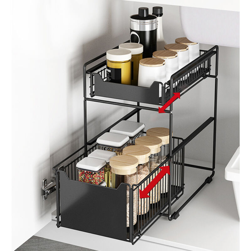 Organizador de cocina de metal para debajo del fregadero con tazas y  ganchos, estante en forma de L de 2 niveles con cajón deslizante,  organizador de