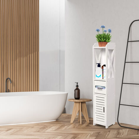 Armario de Suelo para Baño, Almacenamiento para baño con Portapapel Higiénico Armario Estrecho, Panel MDF, Blanco 20x20x80cm APD01