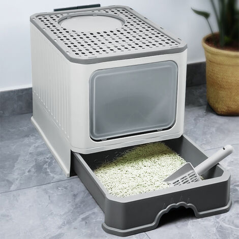 Arenero para Gatos, Casa de baño portátil para Gatos, Bandeja de arena para gatos con tapa, con Bandeja Extraíble, Pala, Gris