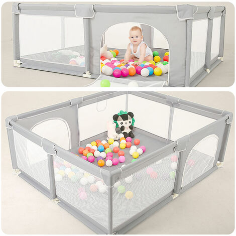 Parque Infantil Bebe con Alfombra Plegable, 150x150cm Parques de Juegos para Bebé con Malla Transpirable, 4 Ventosas de Goma, Gris
