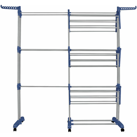Tendedero de torre extensible con 6 alas plegables en 3 niveles, Tendedero extensible de 75 a 142 cm, Plegable, Azul+gris