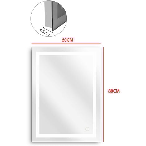 Espejo de baño con luz LED 60x80cm, Espejo de baño con iluminación,  con interruptor táctil para Baño Tocador Dormitorio
